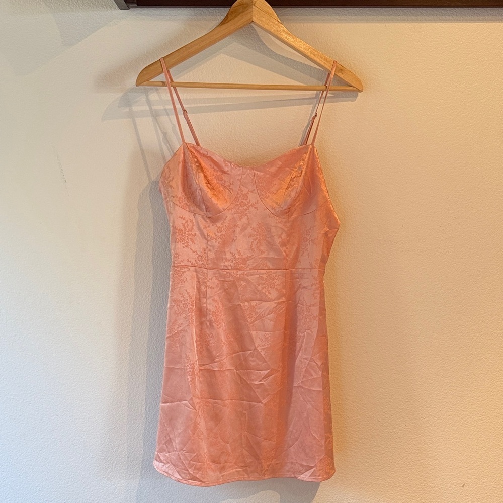🆕 BP Jacquard Floral Satin Slip Mini Dress, Corset Style Bodice, Size S, Peach